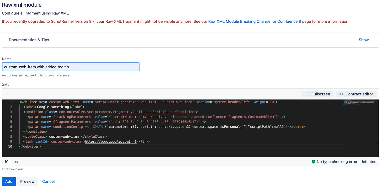 The copied XML entered into the XML Field.