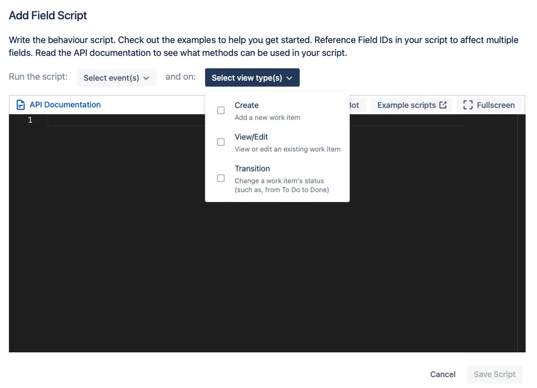 Add Field Script pop-up window showing options to configure a Jira behaviour script.