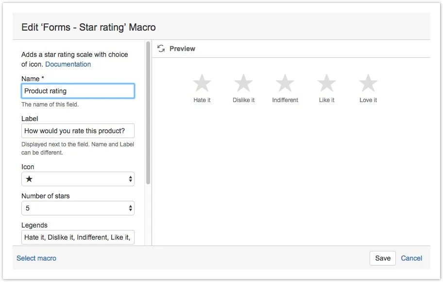 Star Rating macro editor showing legend text list and legend width set to 80 pixels