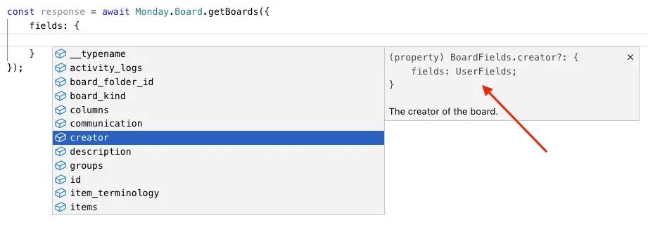 Code snippet showing a highlighted 'creator' field in a dropdown list. An arrow points to a tooltip displaying 'BoardFields.creator' description.