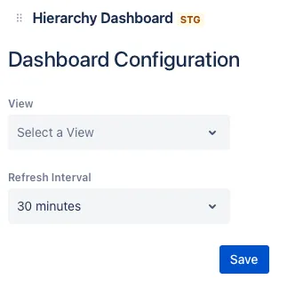 A screenshot of the Hierarchy for Jira gadget configuration panel, showing dropdown menus to select a saved global view and set the dashboard refresh interval.