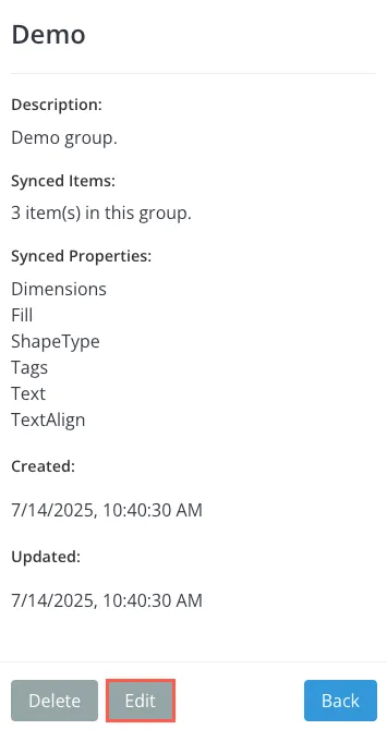 Edit synced group options in the Sync Items panel