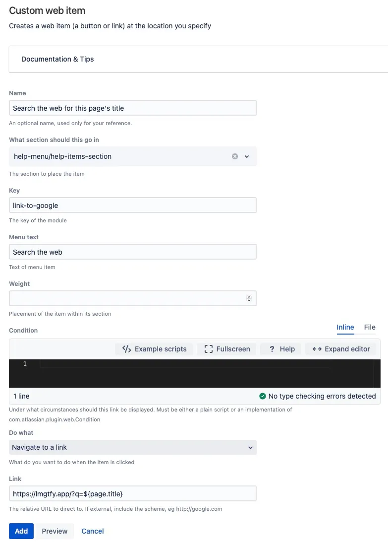 Web item configuration dialog showing fields for a Tools menu link