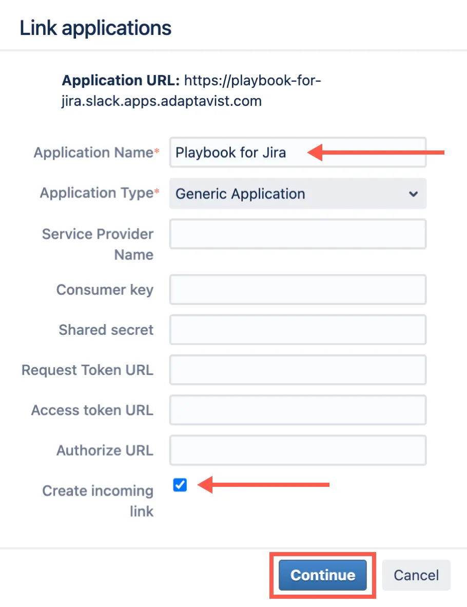 Link applications page with Application Name and Create incoming link fields highlighted.