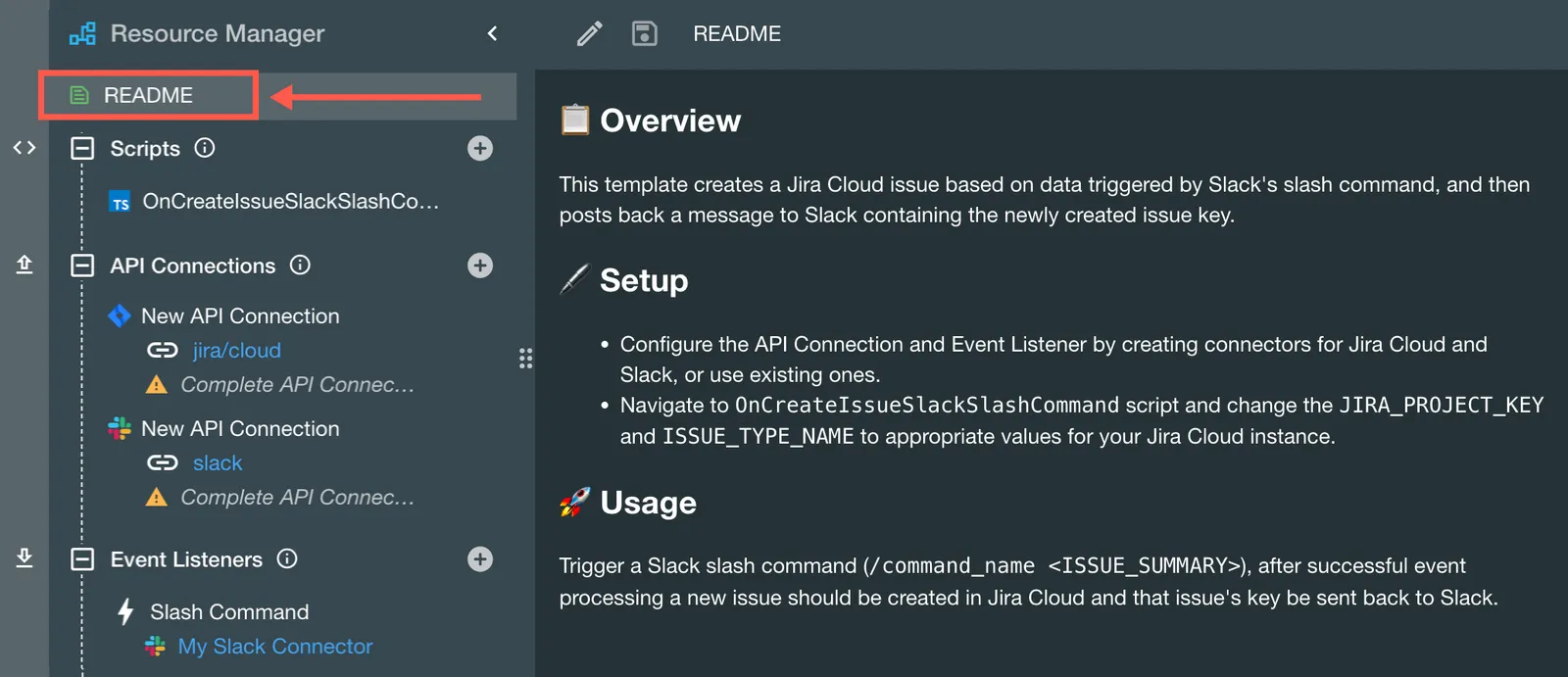 The README file shown in the Resource Manager.