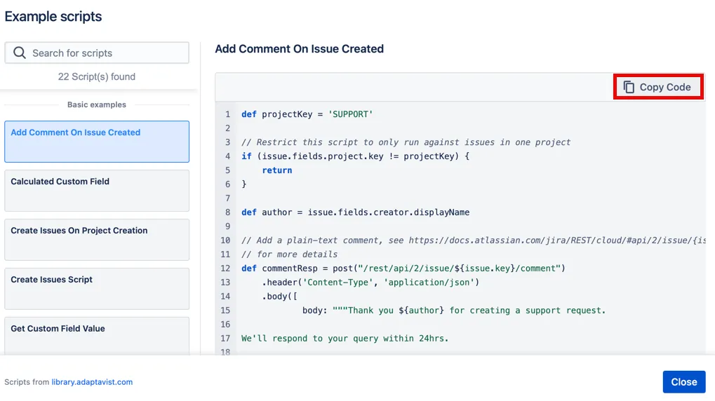 Example scripts list showing the Copy code button and sample listener script.