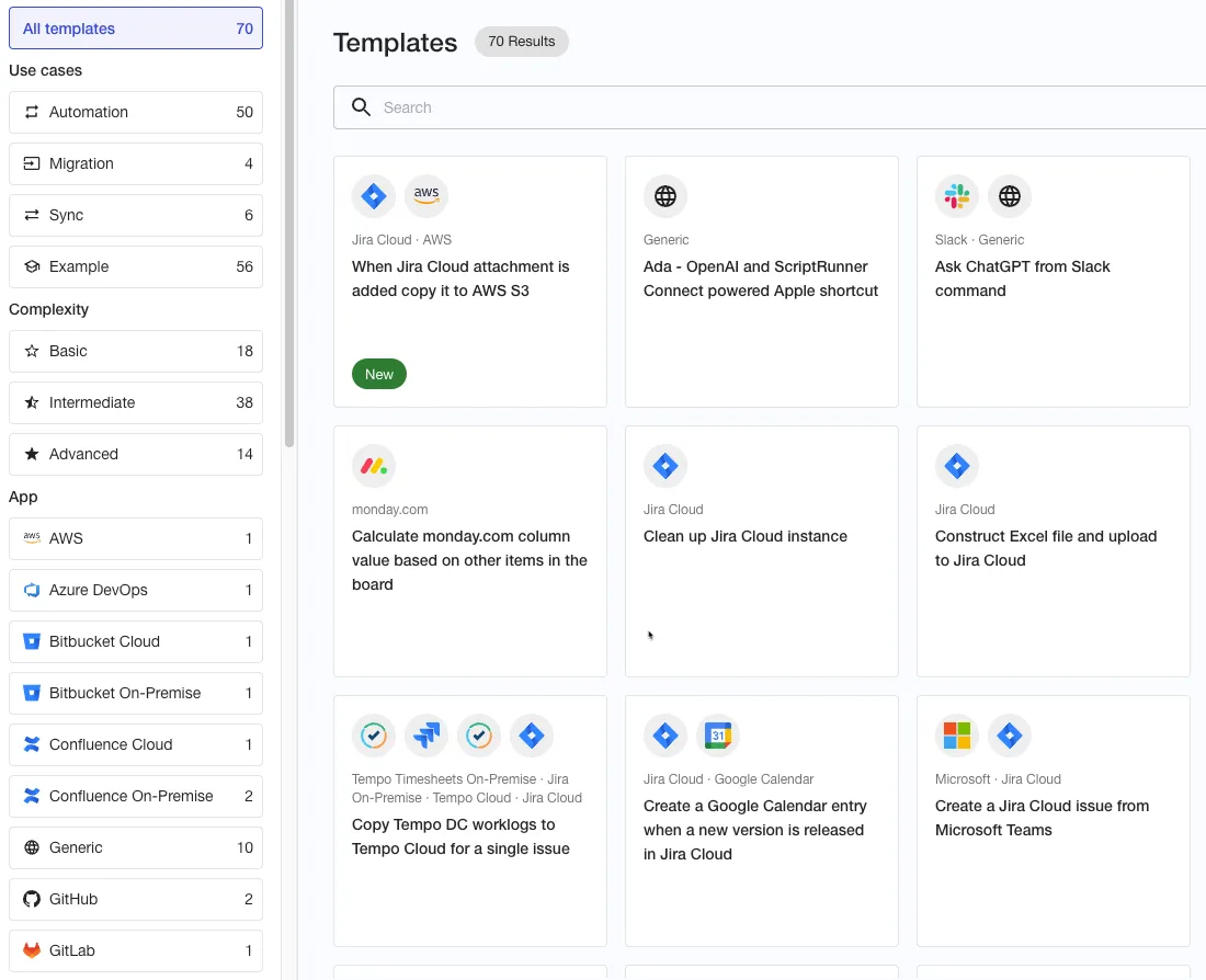 A screenshot of available templates in ScriptRunner Connect.