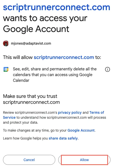 The Google authorization window with the Allow option highlighted.