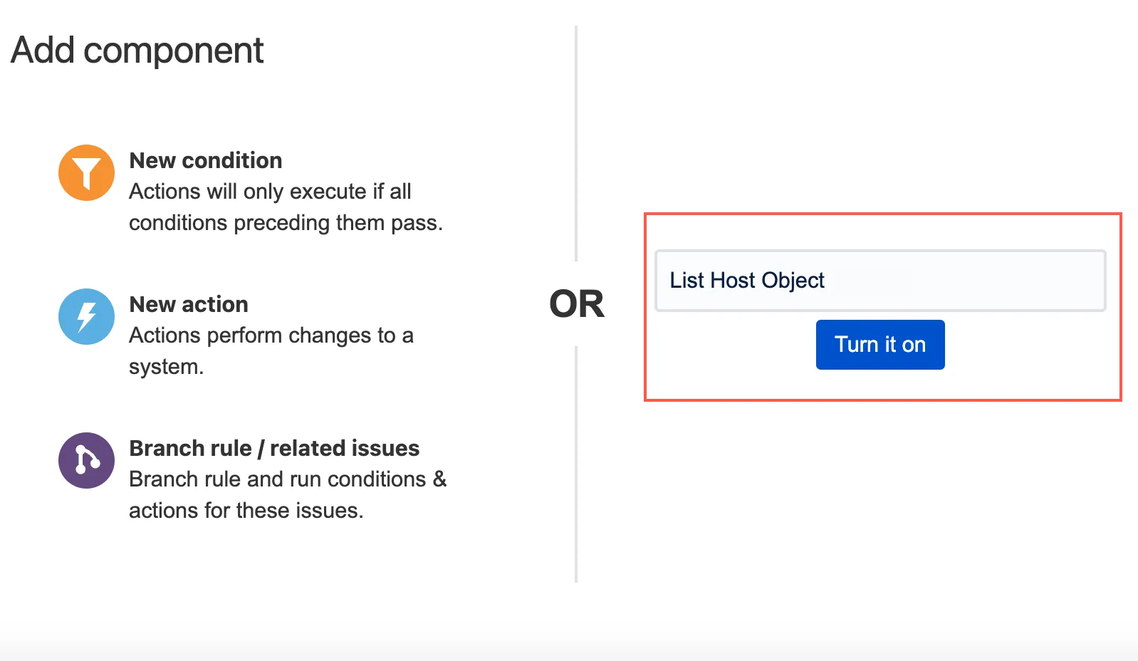 Automation for Jira rule details showing the List Host Objects rule with the Turn it on toggle enabled