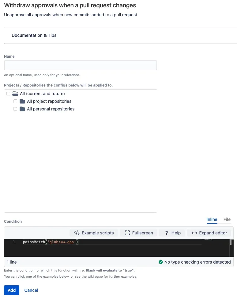 Screen showing the option to withdraw approvals when a pull request includes changes to C++ files.
