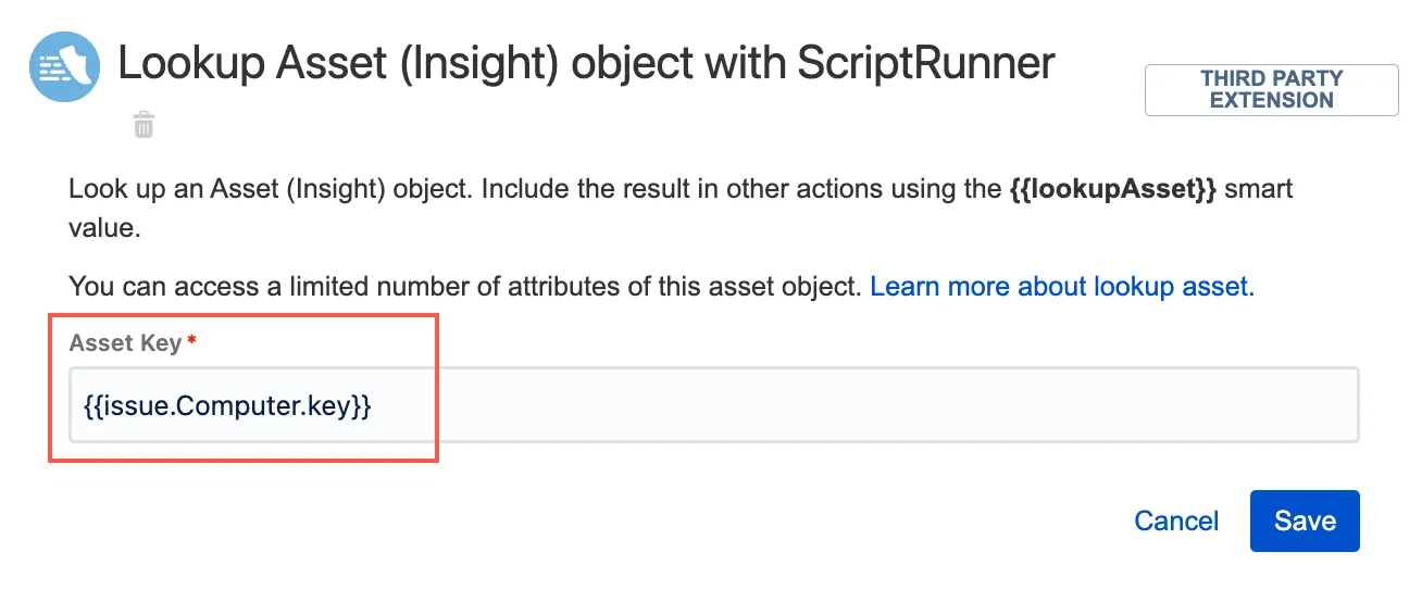 Automation for Jira rule configuration interface showing the Lookup Asset (Insight) action with a smart value expression {{issue.Computer.key}} entered