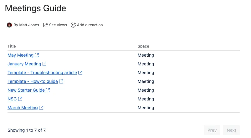 The example CQL Search macro on a published page.