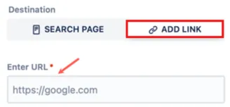 Button editor showing the Add Link option and the Enter URL field for typing a full web address