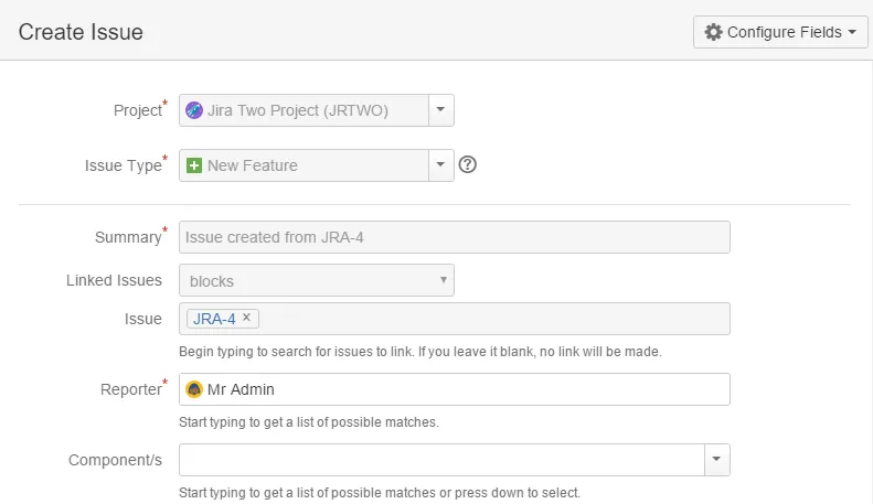 Create issue dialog showing a new issue pre-filled with a blocking link to the source issue, with summary and link fields set and made read-only by the behaviour