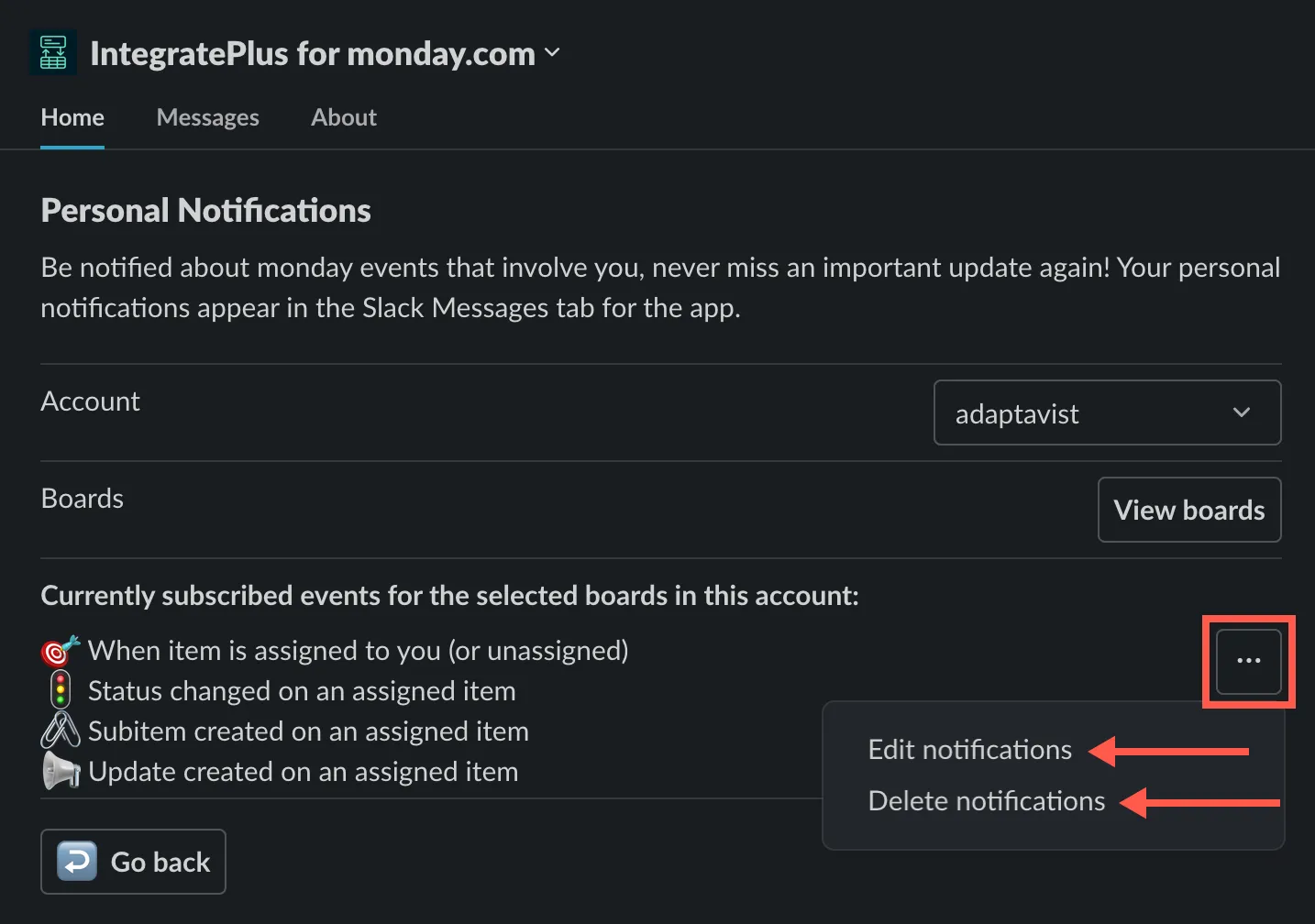 Edit and delete personal notification options