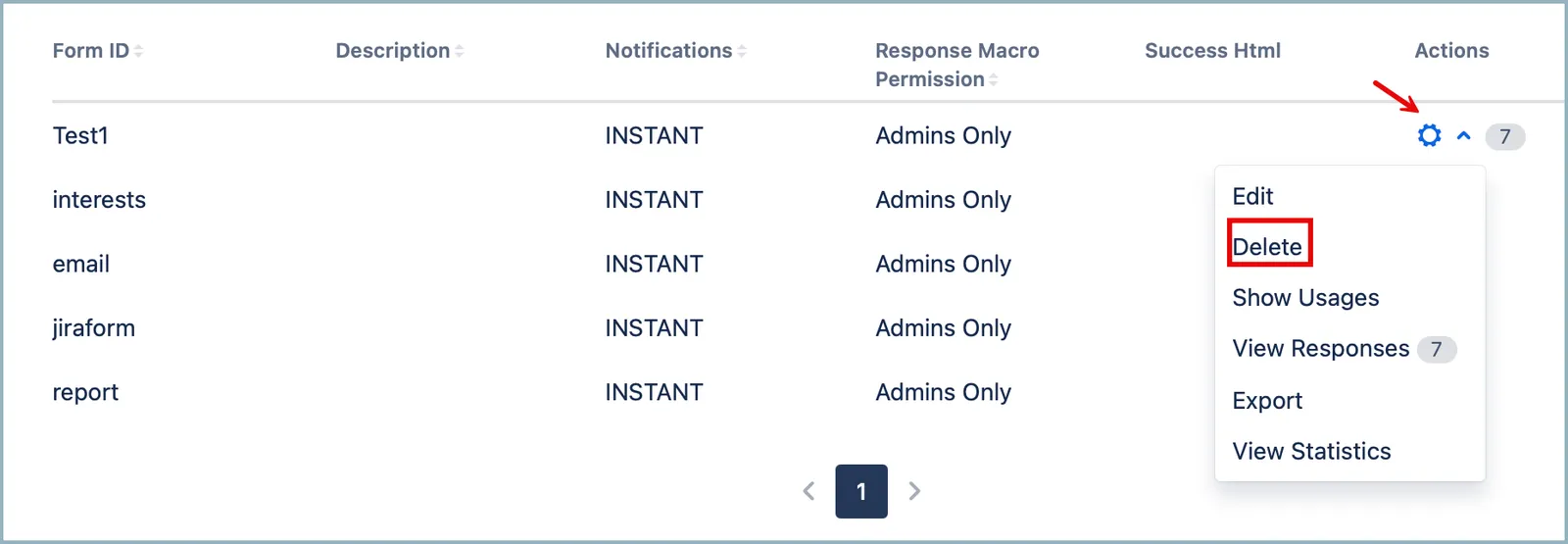 Delete Form ID confirmation dialog showing the selected Form ID and delete options