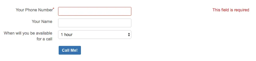 Example Call Request form showing fields for name, phone number, email, and preferred call-back time in Confluence