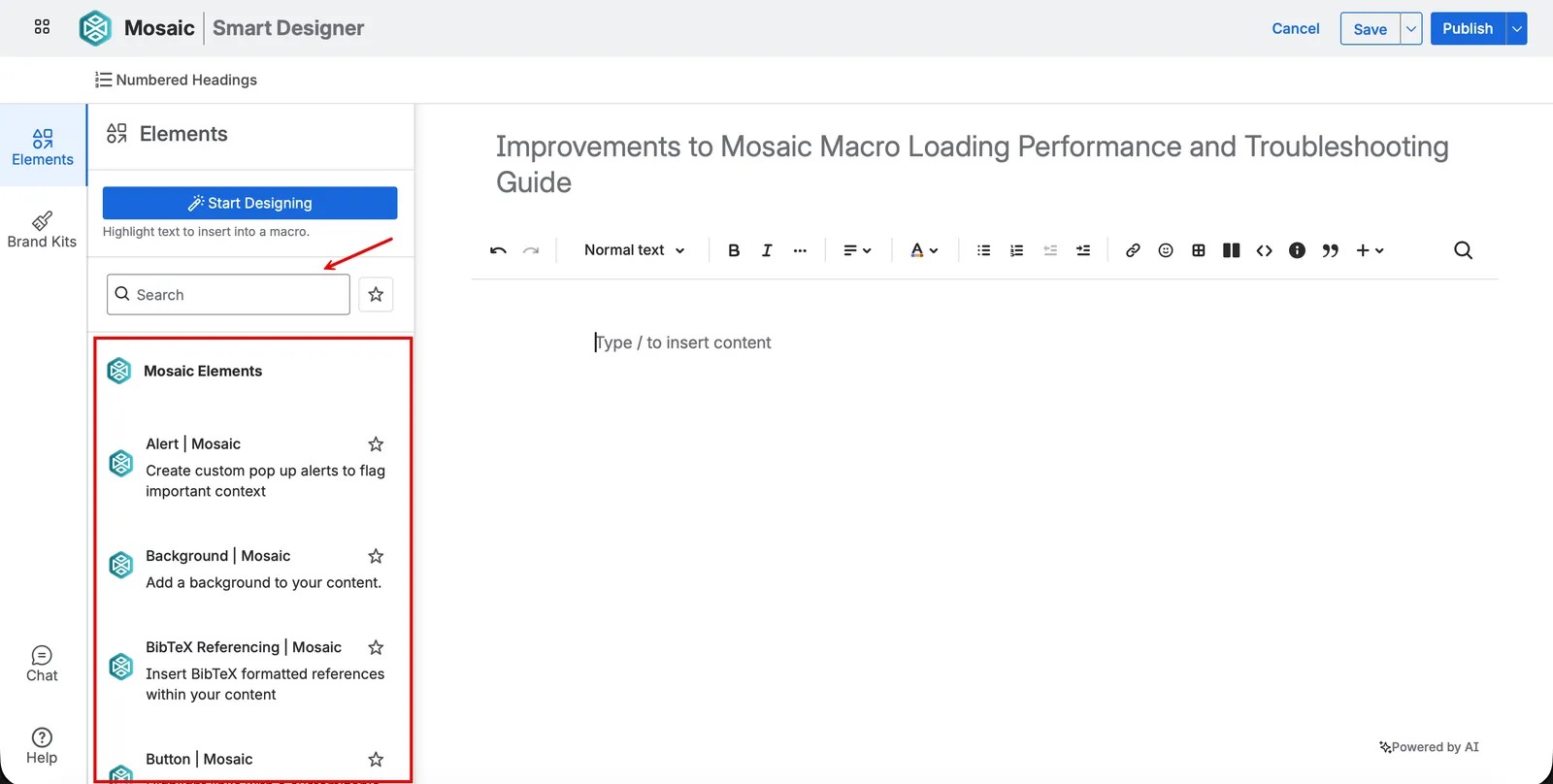 Search bar in page elements tab highlighted
