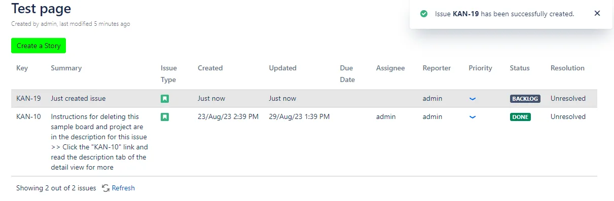 Confluence page showing the TMC List macro with the newly created Story issue displayed in the list