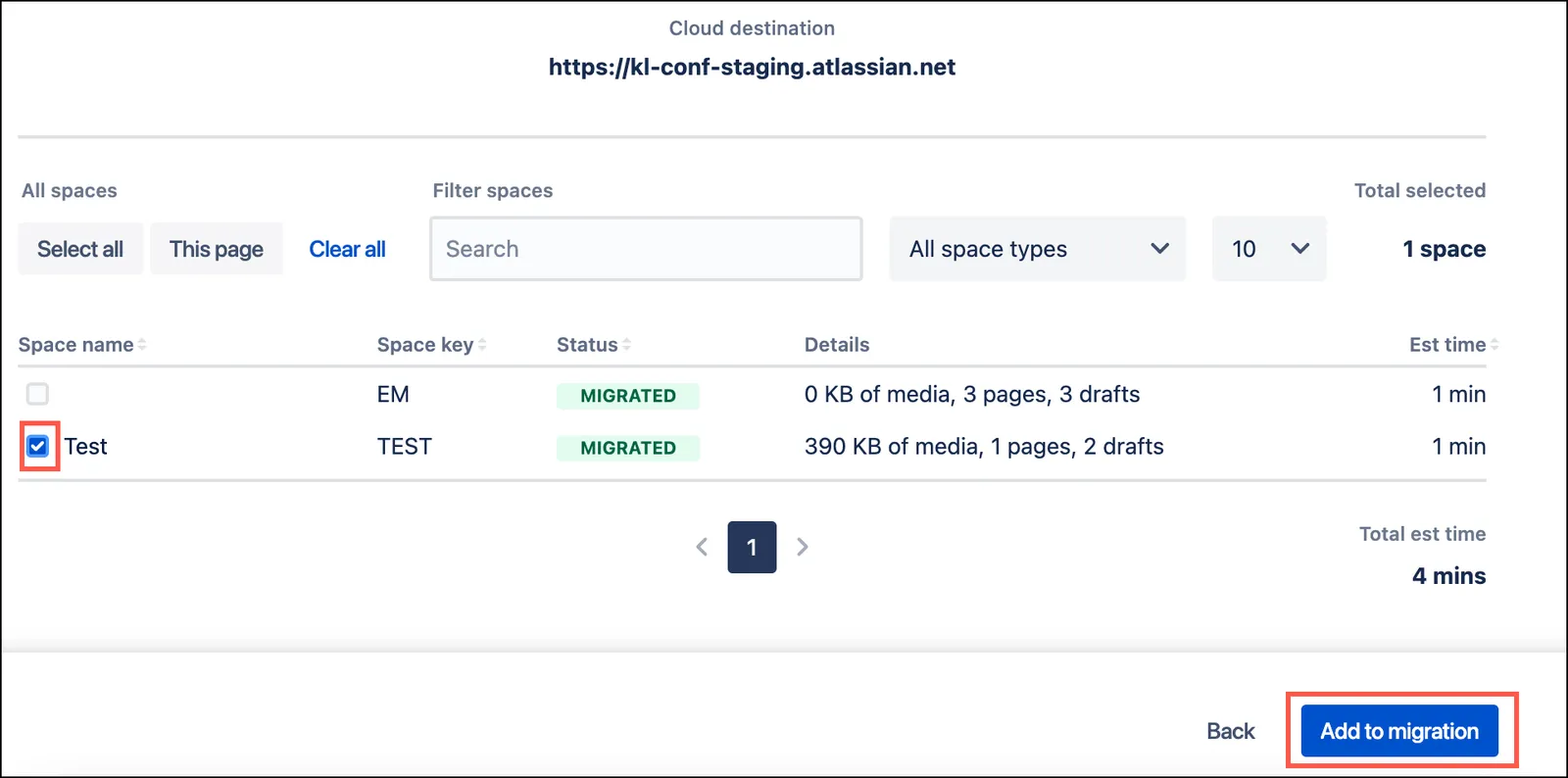 Migration Assistant screen showing a selected space and the Add to migration button highlighted
