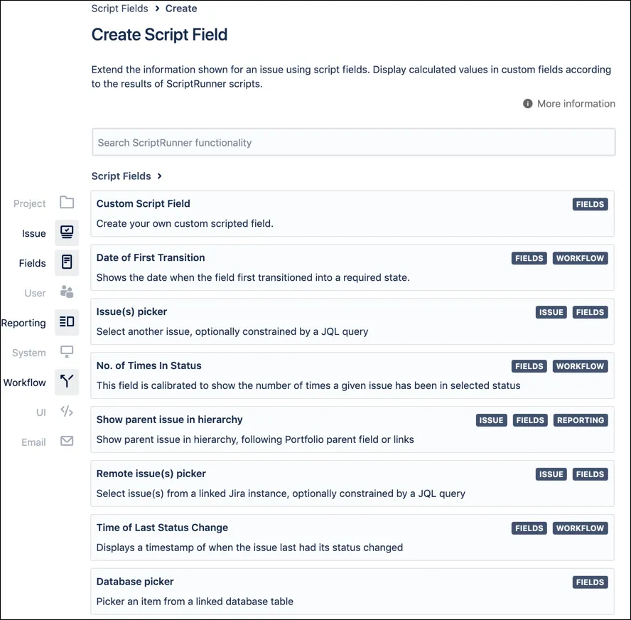 ScriptRunner showing the Create Script Field screen