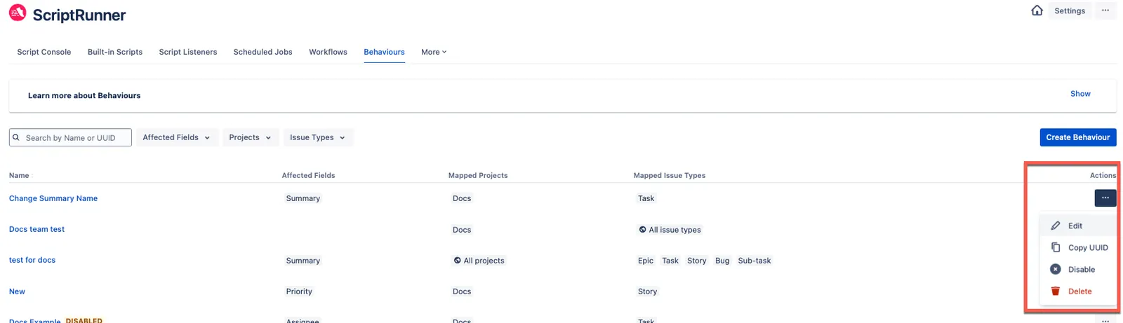Behaviours configuration screen showing the Disable option in the ellipsis menu for the selected behaviour.