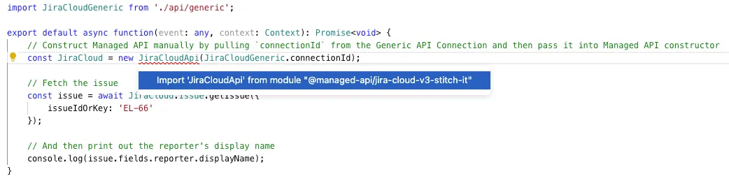 The Import API option highlighted in a script.