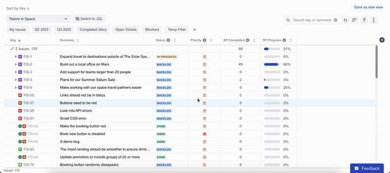 Animation showing a table where a user sorts a column and then saves the current configuration as a reusable view, demonstrating that column sorting is preserved in the saved view.