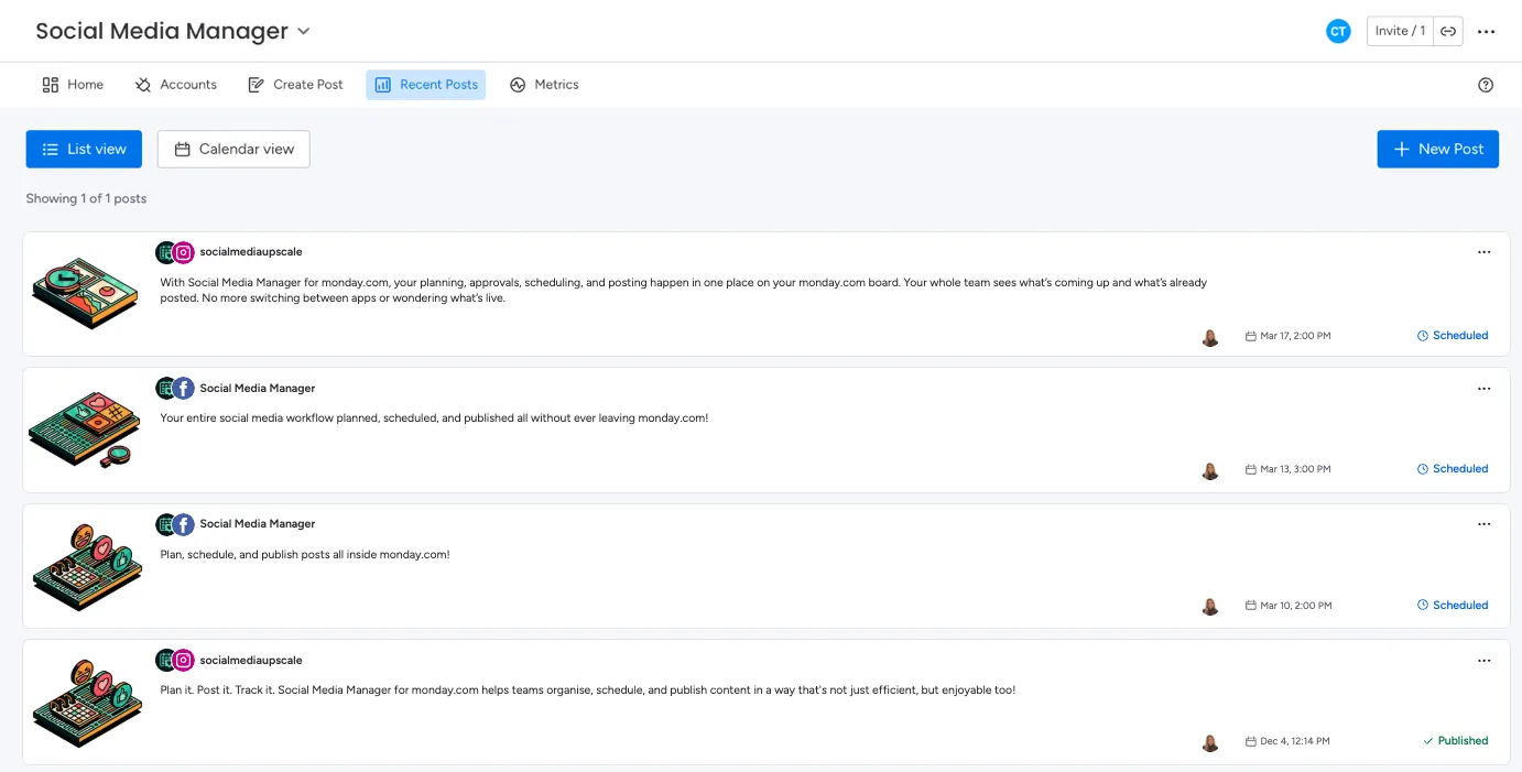 Screenshot of the Recent Posts page showing scheduled and published social media posts in a list, with options to view and manage each post.