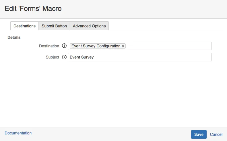 Confluence page showing a new Forms macro with the Destination and Subject fields completed for an Event Survey.