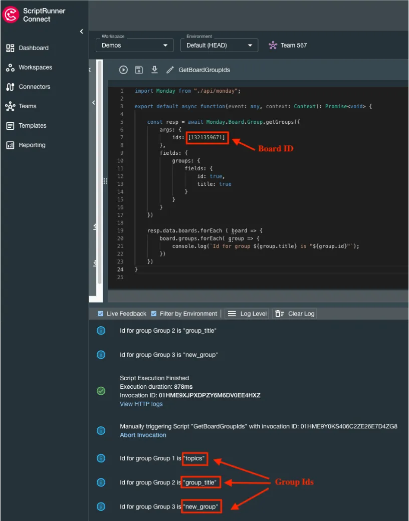 Example Board ID and Group IDs shown in the ScriptRunner Connect interface.