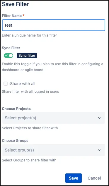 Save Filter window showing options to name the filter, enable Sync Filter, and configure sharing settings.