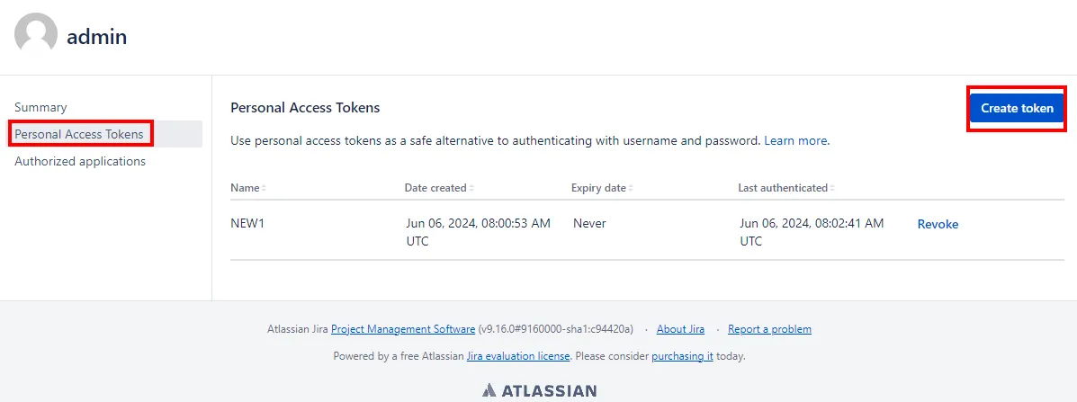 Image of Personal Access Tokens screen with options highlighted