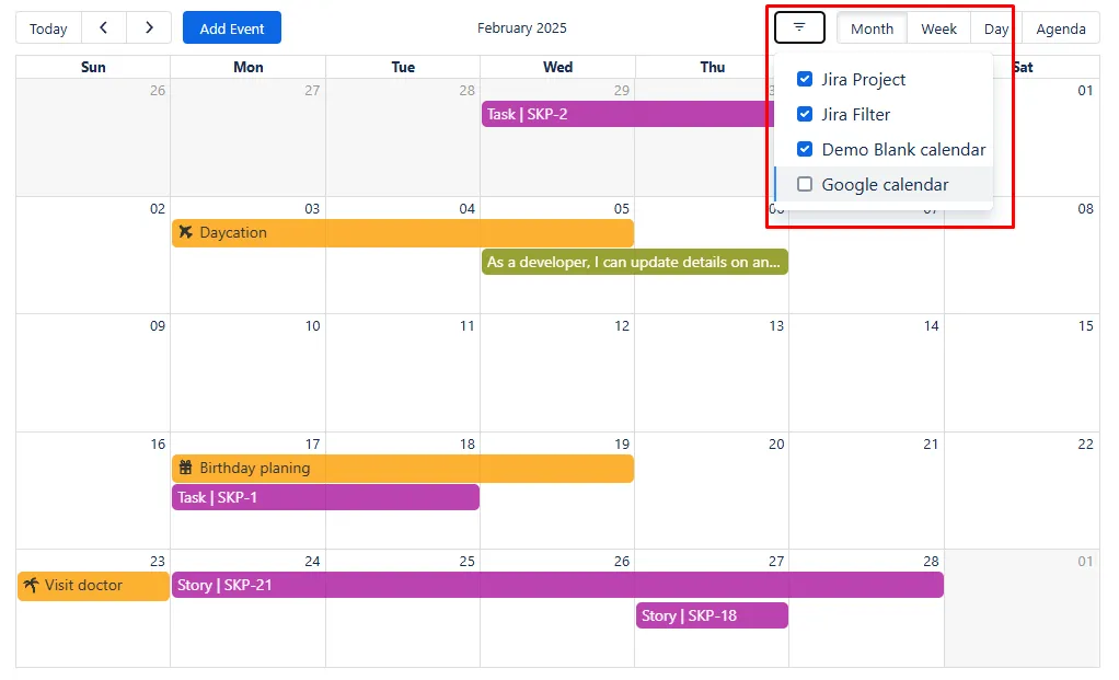 Filter icon in the top right corner of the calendar view