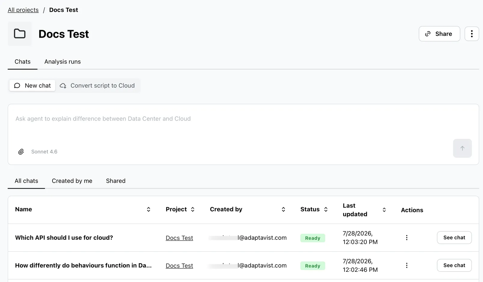 Agent screen within a Project