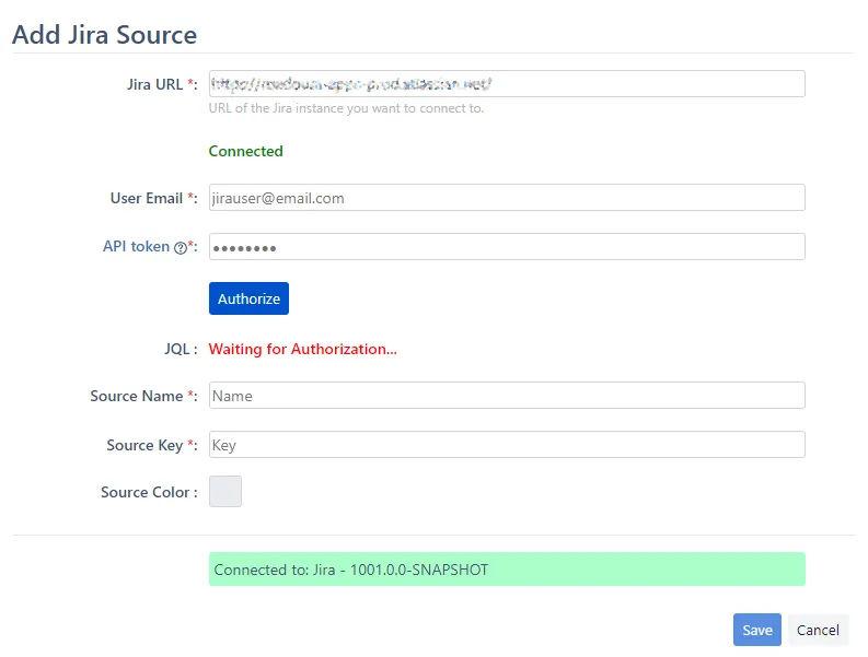 Image showing the Add Jira Source screen with fields configured