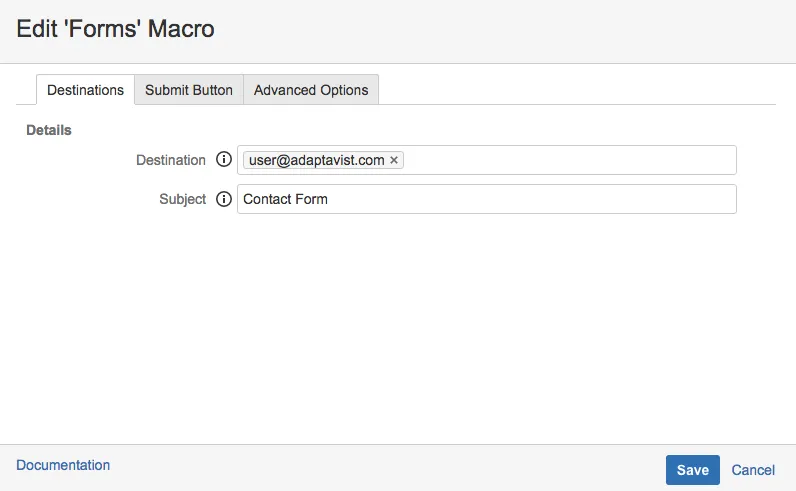 Example configuration of the Forms macro after clicking Save to create the form.