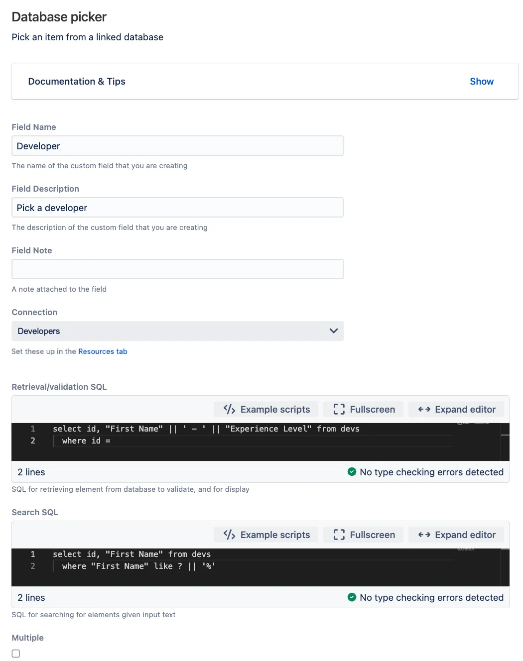 Example showing form fields filled in with options