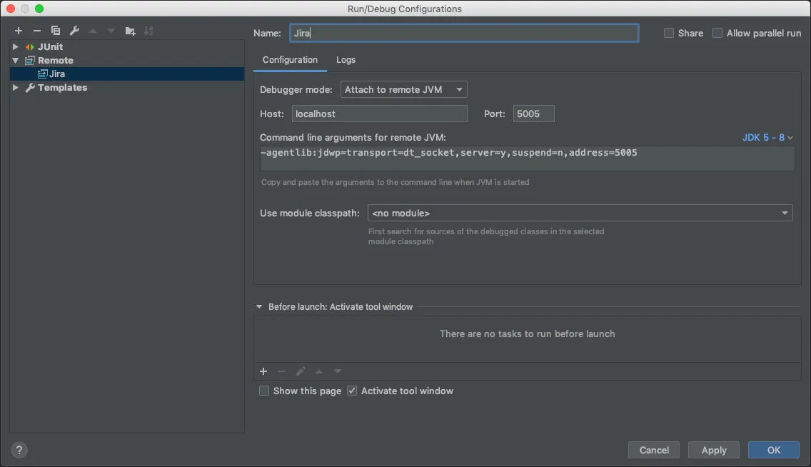 The Run/Debug Configurations screen, with values from previous steps populated in the proper fields.