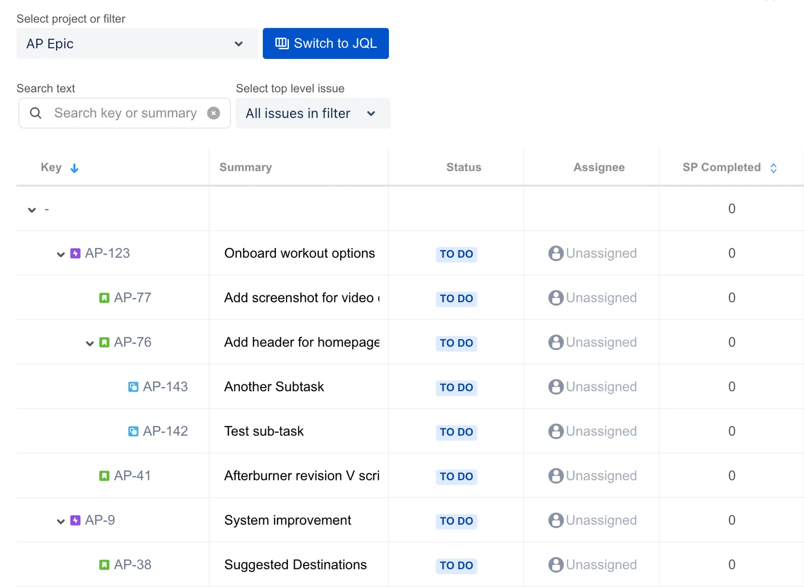Hierarchy for Jira tree view showing all issues returned by a JQL filter, including parent epics and their child issues.