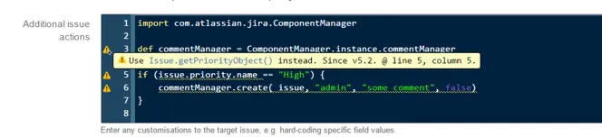 A warning in the Additional Issue Actions section.