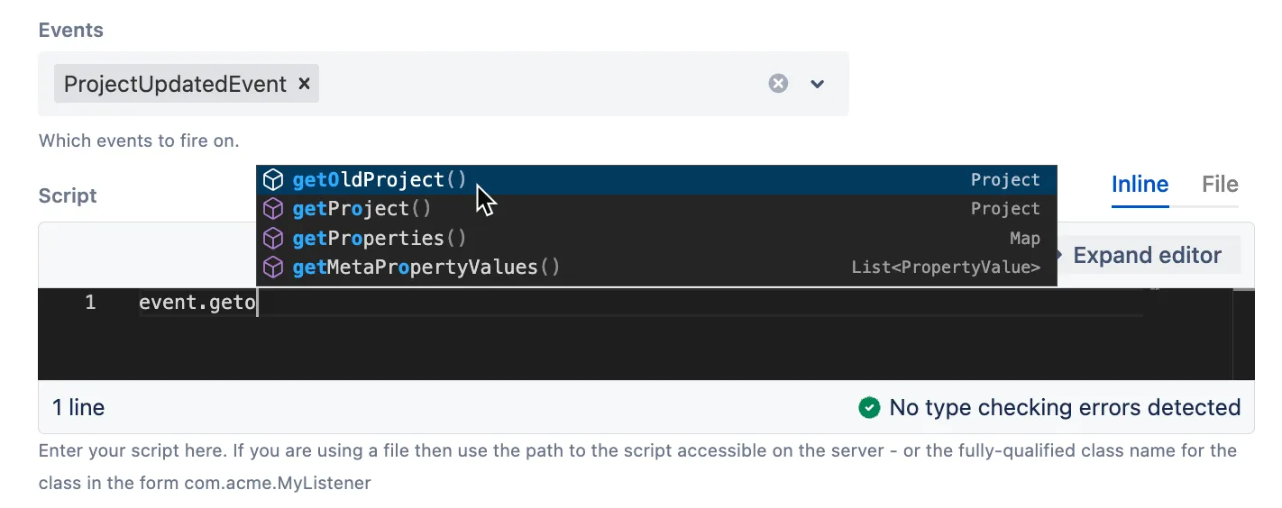 Configuration of a custom listener in Jira showing event selection and script settings