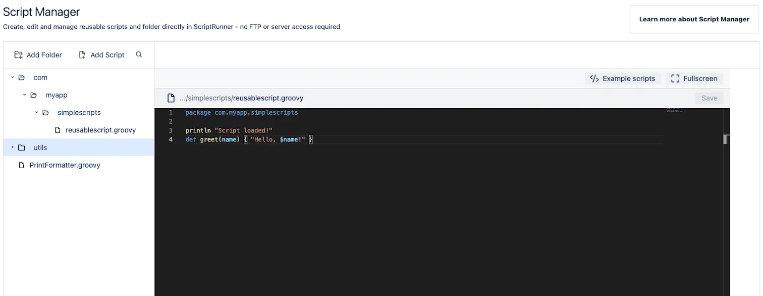 The example code in the Script Manager.