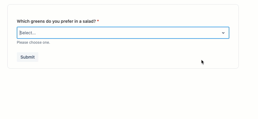 Animated example showing a Confluence form where a user selects a salad green from a dropdown list labeled Which greens do you prefer in a salad?
