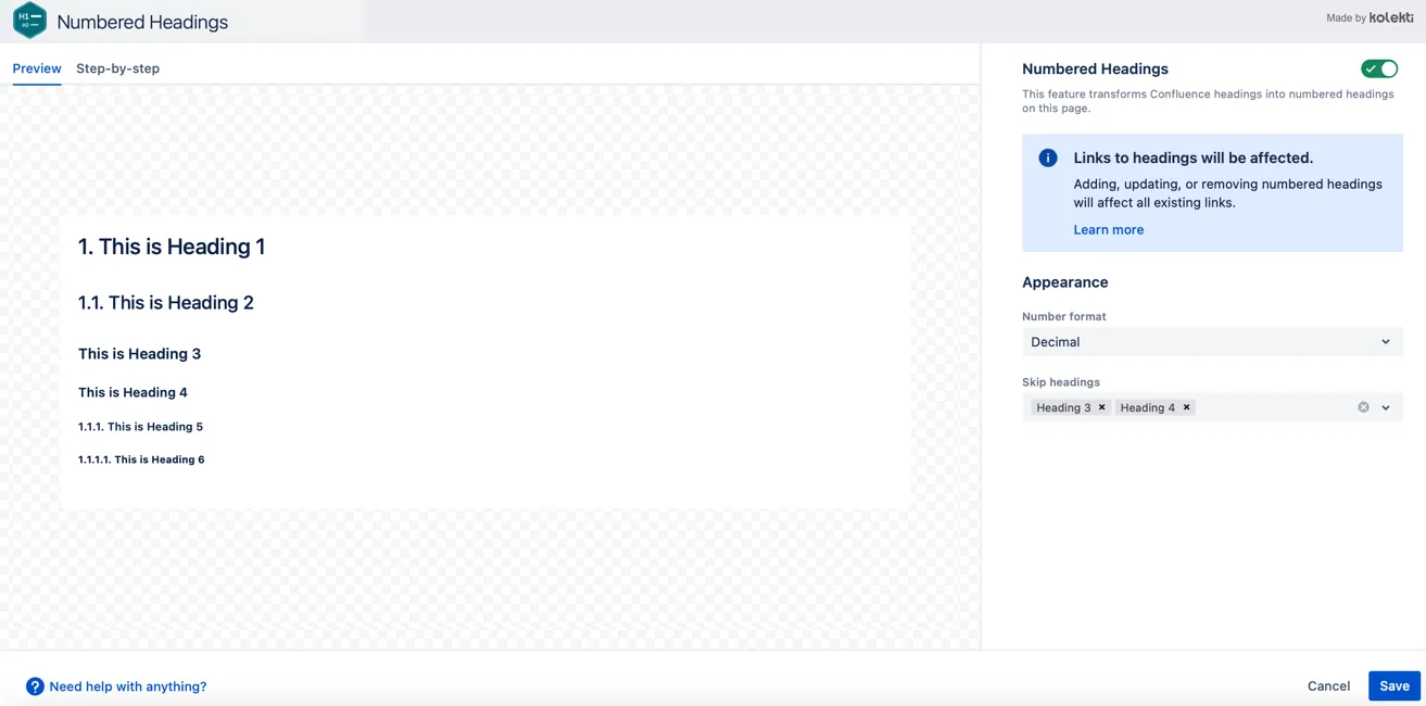 Skip headings dropdown with Heading 3 selected so H3 headings are not numbered