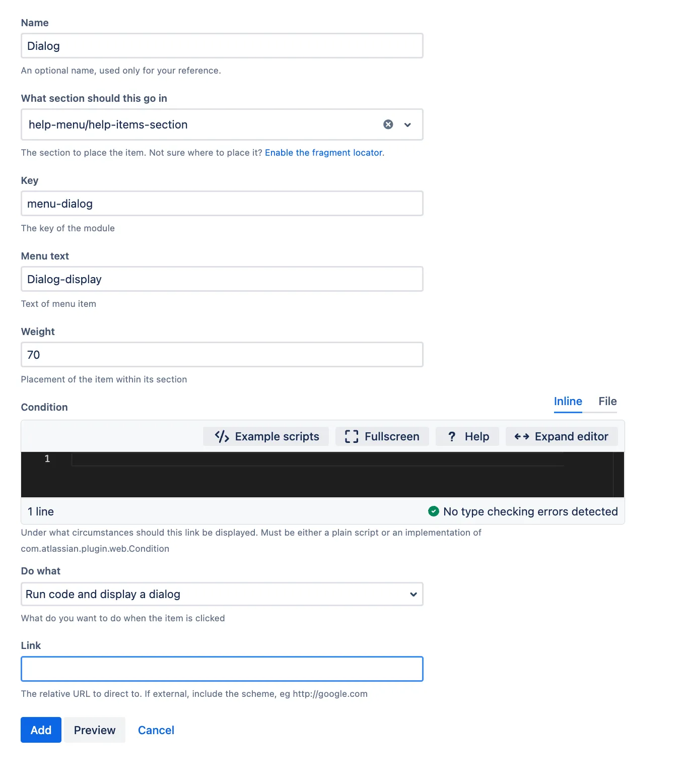 Custom web item configuration form