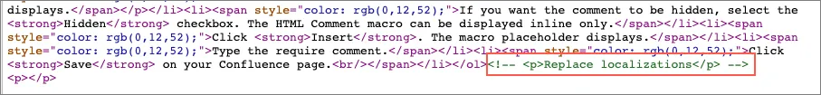 HTML view of a confluence page showing the HTML Comment in the code