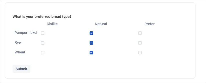 Example of a published Checkbox matrix question showing rows and columns of selectable checkboxes on the final form.