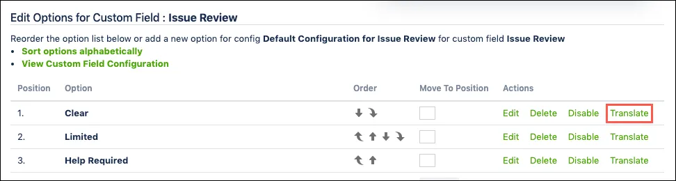 The Edit Options screen, with the Translate option highlighted.