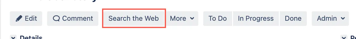 Jira issue operations bar showing a Tools menu with a Google search link for the current issue summary